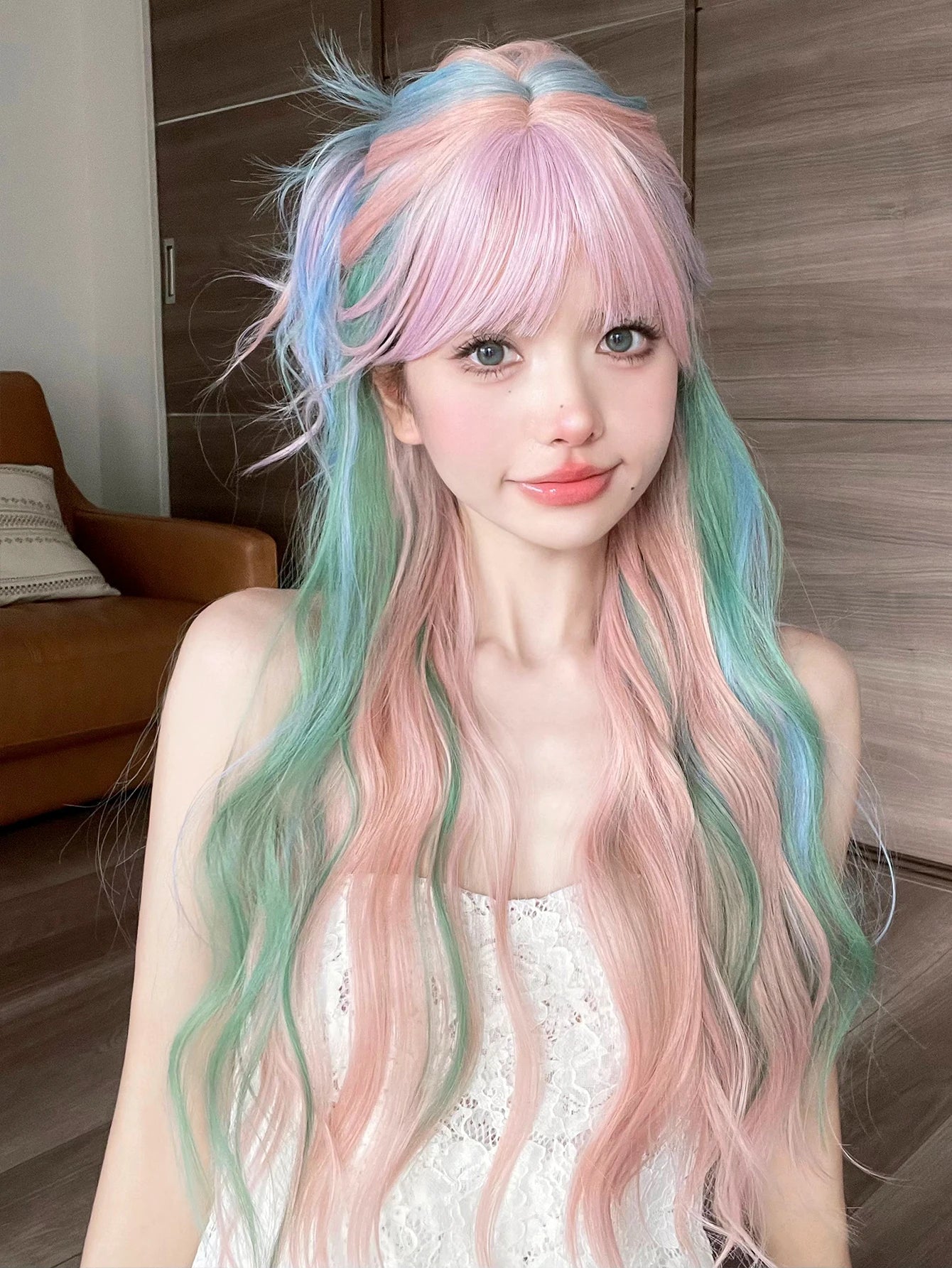 BXOXO 28Inch Iridescent Rainbow Color Multicolour Synthetic Wigs with Bang Long Natural Wavy Hair Wig for Women Cosplay Heat Resistant