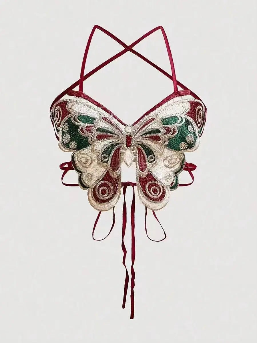 BXOXO Women's Butterfly Embroidered Top Backless Adjustable Navel Baring Sexy Cropped TopSleeveless Camisole Sexy Daily Y2K Top