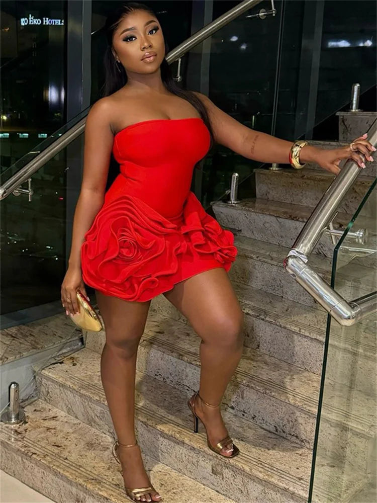 BXOXO Appliques Attractive Women Mini Dress Solid Sexy Strapless Ruched Stacked Body-shaping Vestidos Female Classic Party Robe