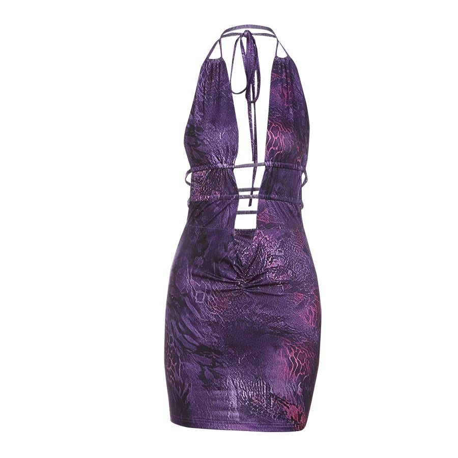 BXOXO Lace-Up Dress Women Tie-Dye Print Halter Deep V-Neck Backless Mini Bodycon Hottie Street Fashion Sexy Classic Outfits