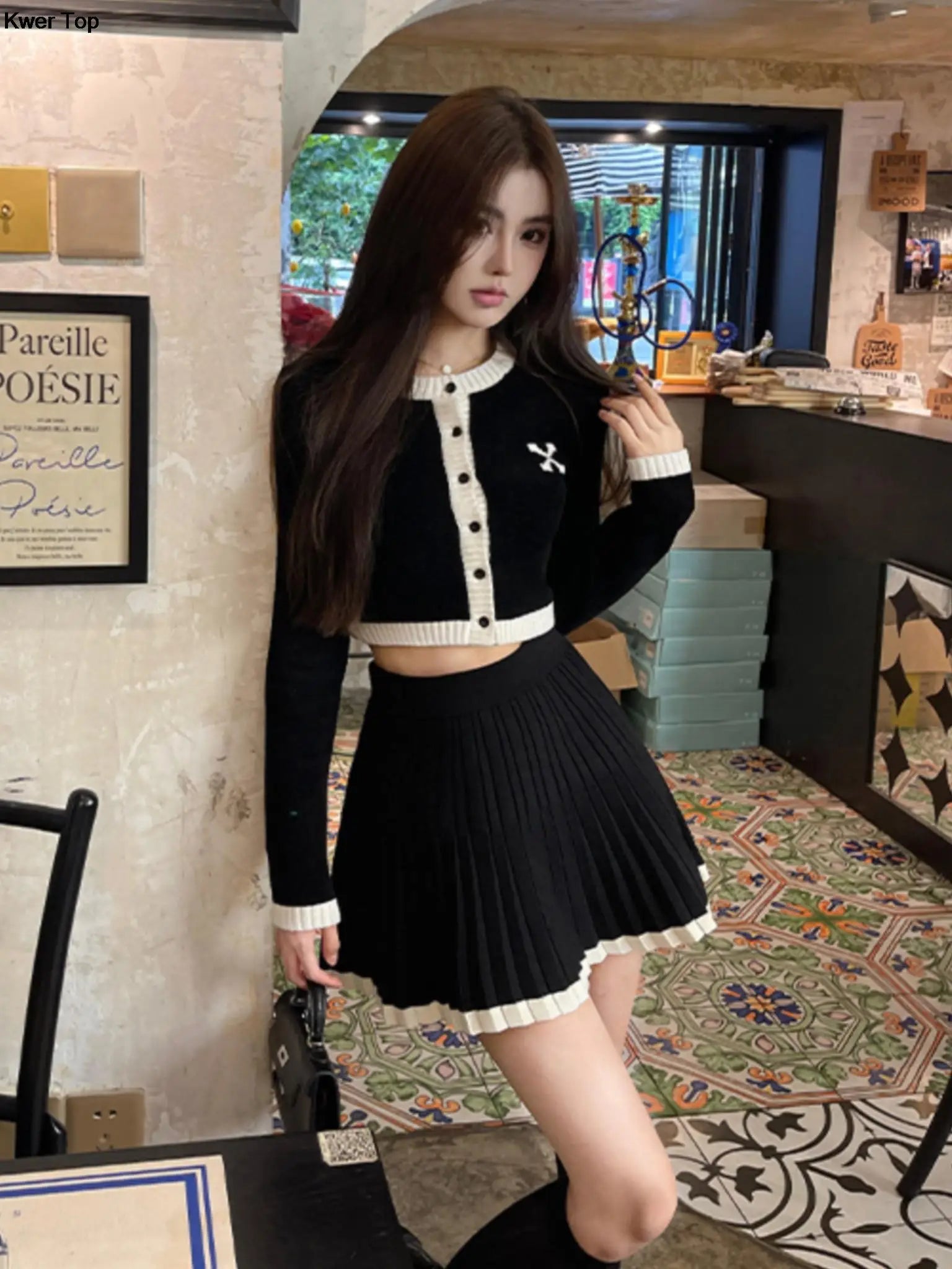 Bxoxo Autumn New Hight Waist Skirt 2 Piece Suit Korean Chic Patchwork Knitted Outfits Y2k Short Jumper Pleats Mini Skirt Set Women