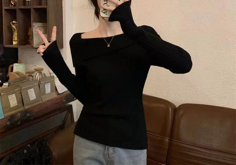 Bxoxo Women Off Shoulder Knit Sweater Slash Neck Long Sleeve Slim Knitwear Jumpers Office Sweater For Women 2024 Autumn Winter