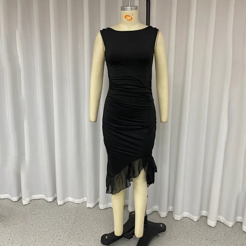 BXOXO Women Maxi Dress Summer Elegant Solid Sleeveless Nipped Waist Slim Backless Ruffled Irregular Party Dresses Streetwear