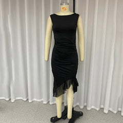 BXOXO Women Maxi Dress Summer Elegant Solid Sleeveless Nipped Waist Slim Backless Ruffled Irregular Party Dresses Streetwear