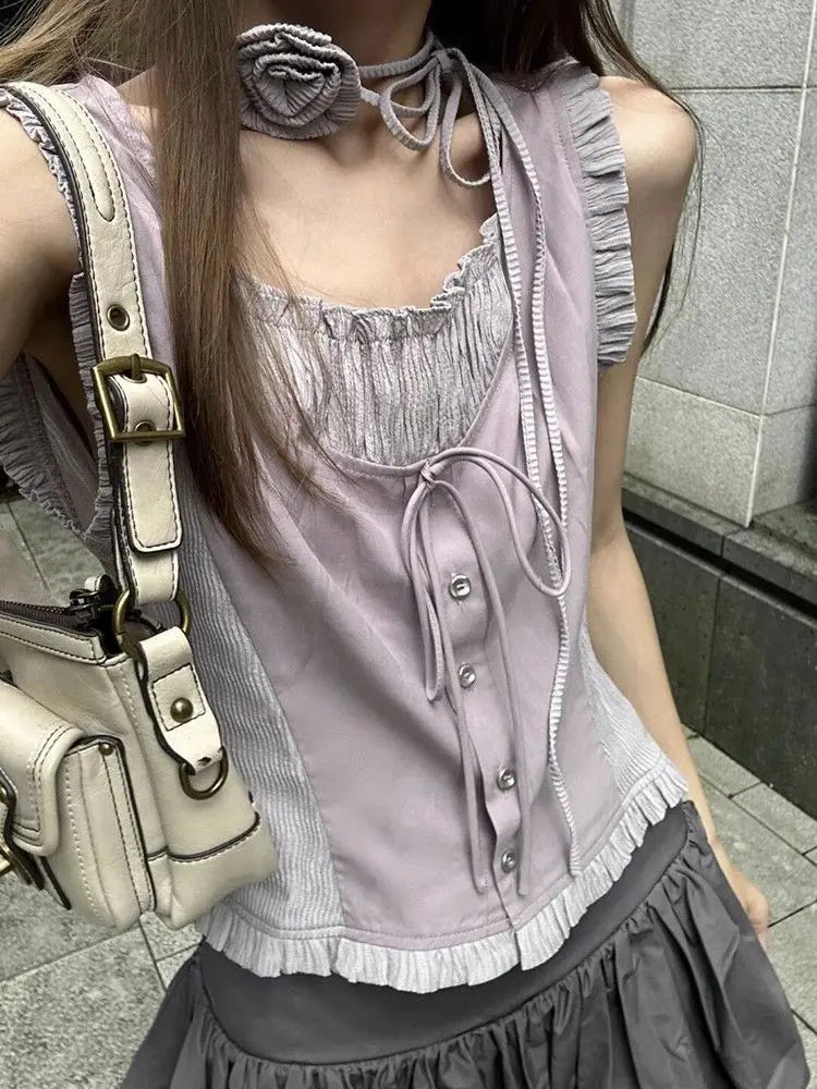 BXOXO Vintage Elegant Sweet Tanks Women French Style Harajuku Bandage Ruffle Patchwork Sleeveless Slim Tees Tops Summer 2024