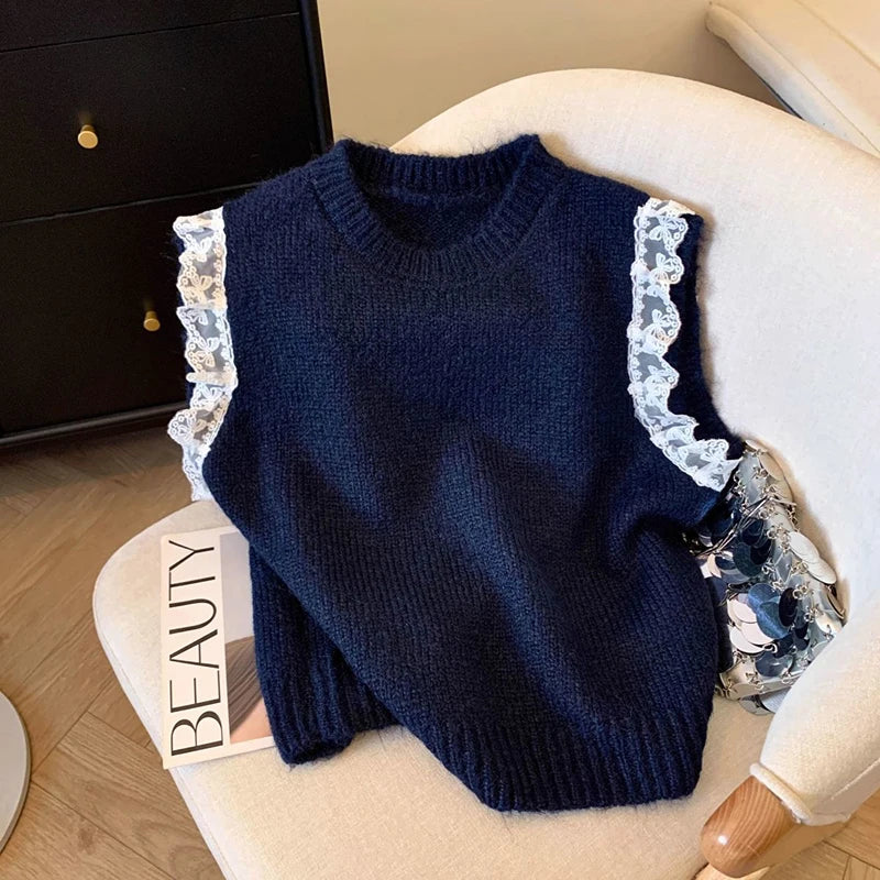 Bxoxo Lace Patchwork Sweet Sweater Vest Women Vintage O Neck Casual Knitted Tops Korean Preppy Style Lady Lazy Wing Cute Vest New
