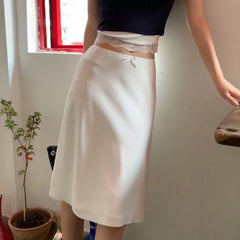 Bxoxo Elegant White Women Satin Skirt Fairycore Ruffle Mid Skirts Coquette A-line Basic Casual Korean Style Summer Silk Skirt