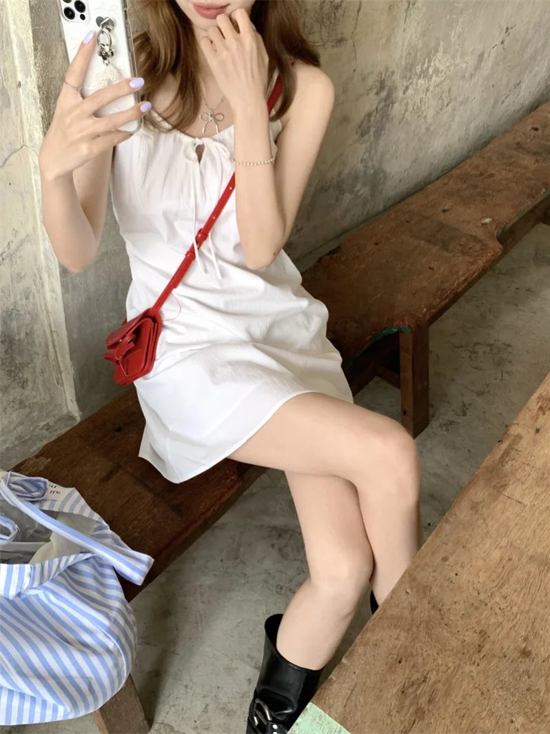 Bxoxo White Bow-Knot Strap Dr Women's Summer Slimming A-Line ort Skirt Waist-Cinching Korean Sle Commute Dr