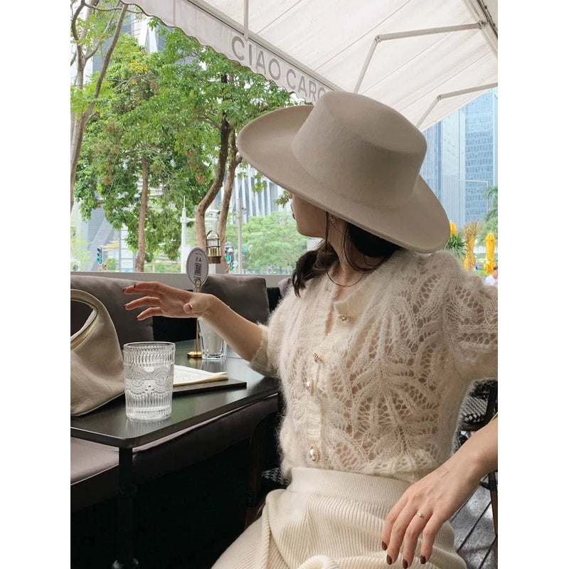 BXOXO Autumn Openwork Knitted Cardigan French Style Elegant O-neck Mohair Coat Sweater Female Casual Solid Long Sleeve Soft Tops