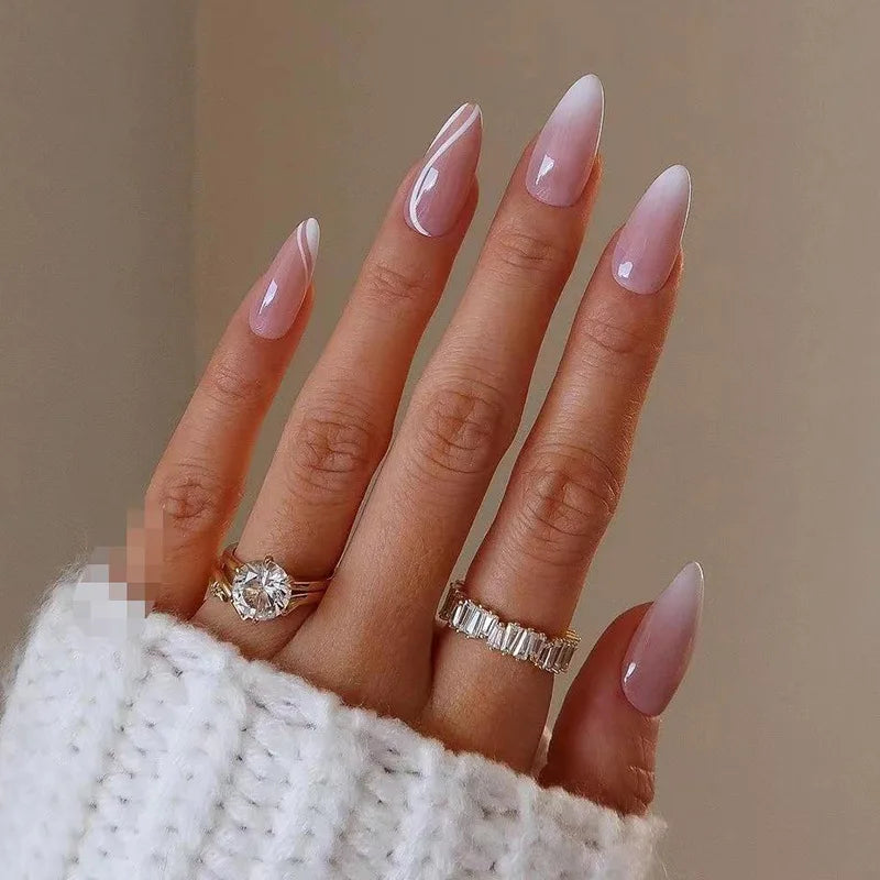Bxoxo 24P French Oval False Nails Girls White Edge Design Nude Color Wearable Press on Nail Full Cover Short Acrylic Almond Fake Nails