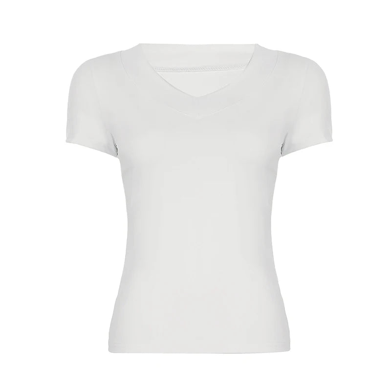 BXOXO Solid V-neck Skinny Cropped Top Summer Basic Short Sleeve Slim-fitting T-shirts Women y2k Aesthetic Tee Casual Streetwear