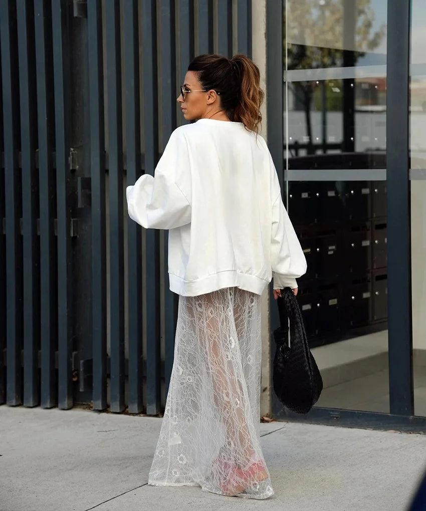 Bxoxo New Jacquard Lace Sheer Long Skirt Women Elastic Waist White Sexy Transparent Maxi Skirts Female Streetwear Fashion Faldas Jupe