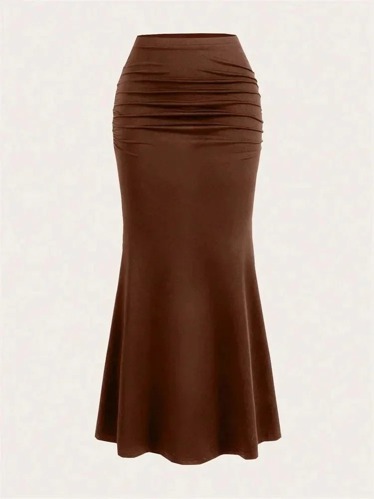 BXOXO Solid Bodycon Ruched Long Skirt Women Sexy Black Elastic Elegant High Waist Mermaid Maxi Skirts Summer Streetwear