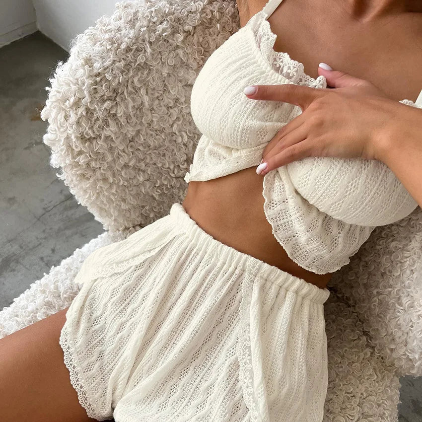 BXOXO Lace Patchwork Women's Pajamas Sets Hollow Out Crop Top Sleepwear Sexy Spaghetti Strap Nightwear Shorts Nightie Suits