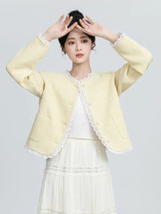 Bxoxo Sweet Yellow Tweed Jackets Women Vintage Lace Patchwork Elegant Short Coat French Retro Casual O Neck Long Sleeve Fall Outwear