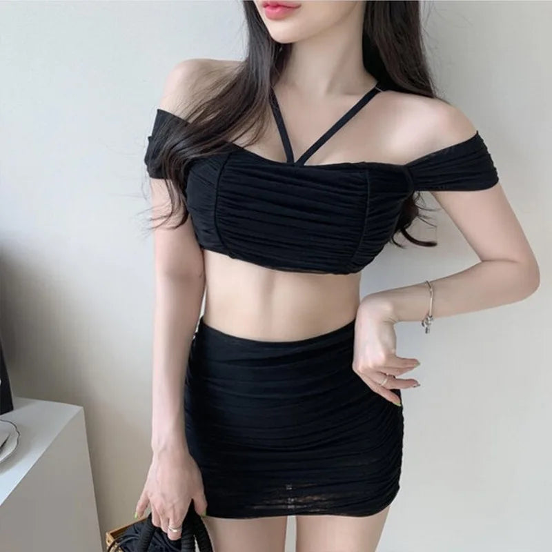 Bxoxo Korean Style Sexy Solid Swimsuit Two Pieces Women Bikini Set Push Up Swimsuit Beach Summer Pleated Swimwear Bikinis
