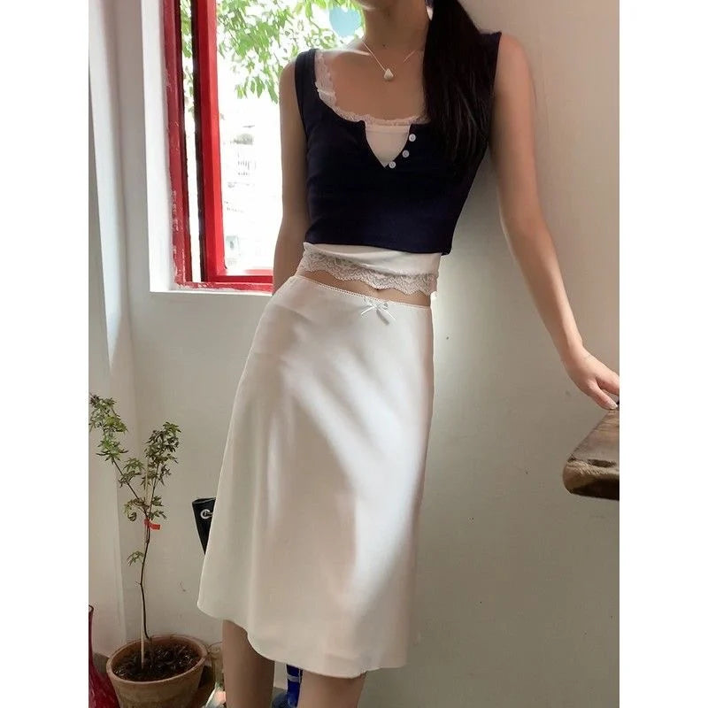 Bxoxo Elegant White Women Satin Skirt Fairycore Ruffle Mid Skirts Coquette A-line Basic Casual Korean Style Summer Silk Skirt