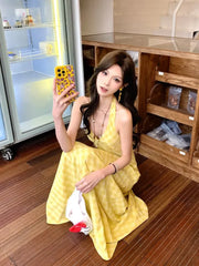 Bxoxo Elegant Sweet V-neck Long Dress Women Butter Yellow Casual Sexy Beach Midi Dresses Korean Style Lace Up Dress Backless