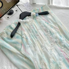 BXOXO New 2025 Jasmine Green 2.0 Summer Fairy Sweet Slimming Waist Long Dress Design Sense Skirt Polyester Fiber round Neckline Ankle-