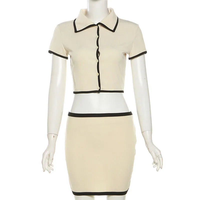 Bxoxo Summer New Ribbed 2 Piece Sets Women Elegant Lapel Button Short Sleeve Crop Tops Y2K Streetwear Matching Slim Mini Skirt Suit