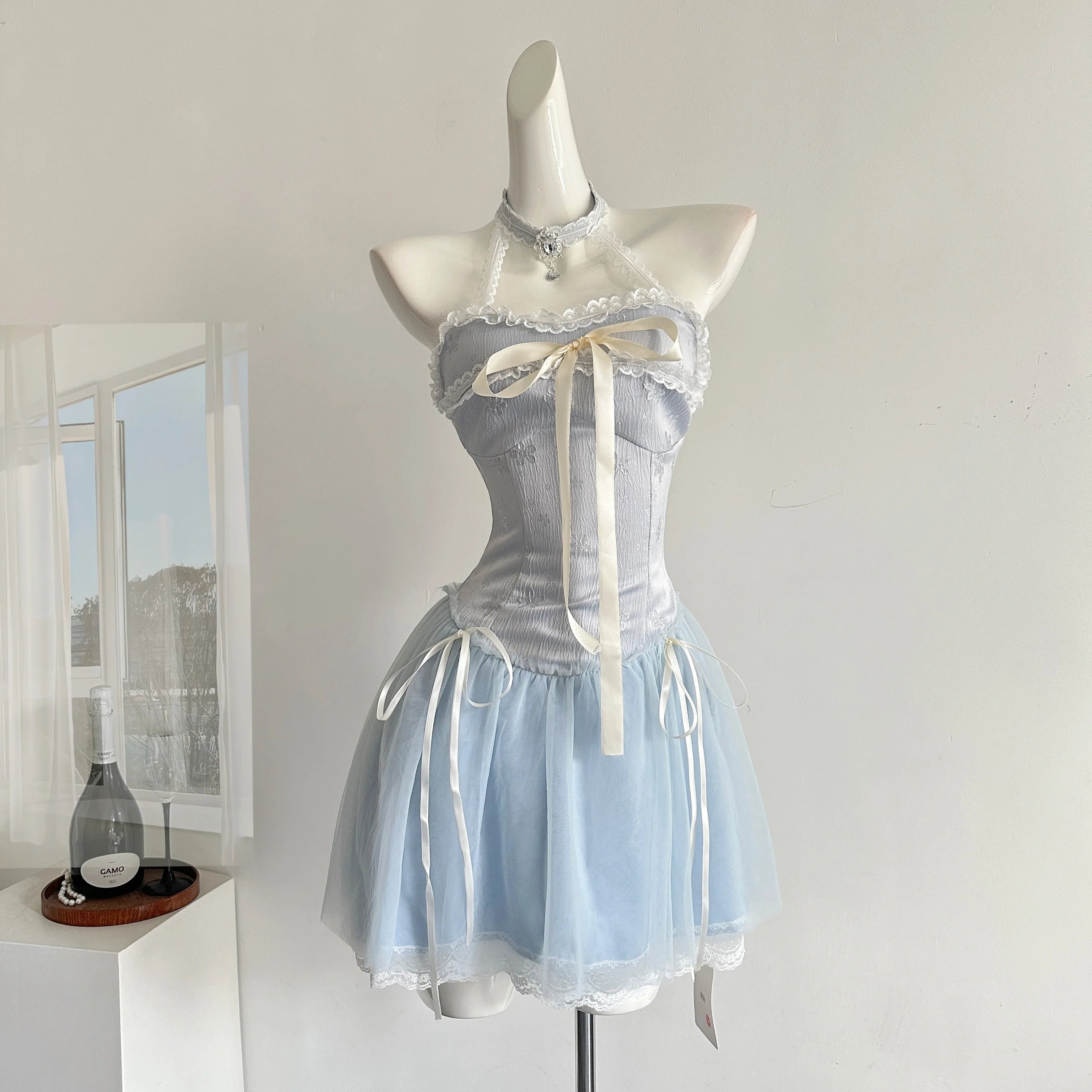 BXOXO Summer Women Y2k Birthday Ballet Core A-line Fairy Dress Mini Lace Frocks One-Piece Korean Evening Lolita Party Shoujo Gyaru