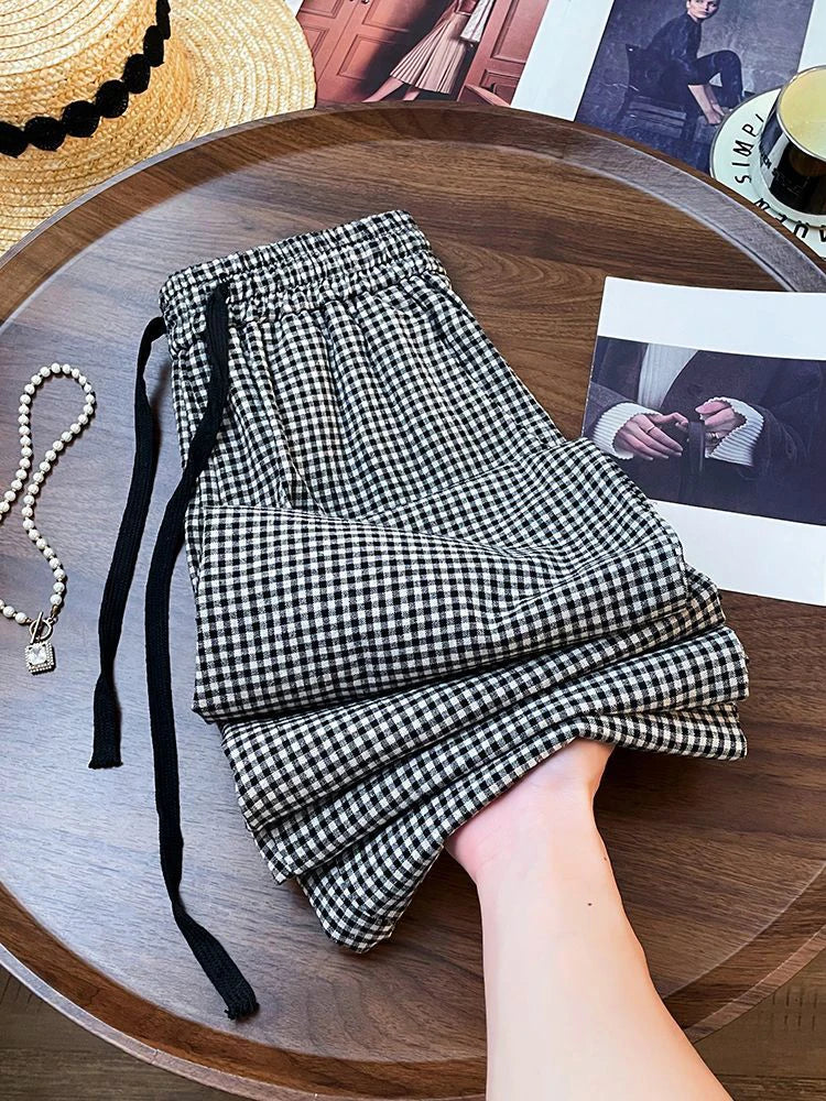 Bxoxo Korean Chic Plaid Casual Pants Women Summer High Waist Retro All Match Wide Leg Pants Y2K Loose Drawstring Straight Trousers