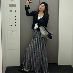 Bxoxo Vintage Plaid Skirt Women Korean Style Y2k Mesh Long Skirts Elegant Sweet Harajuku Retro Fashion Skirts Streetwear