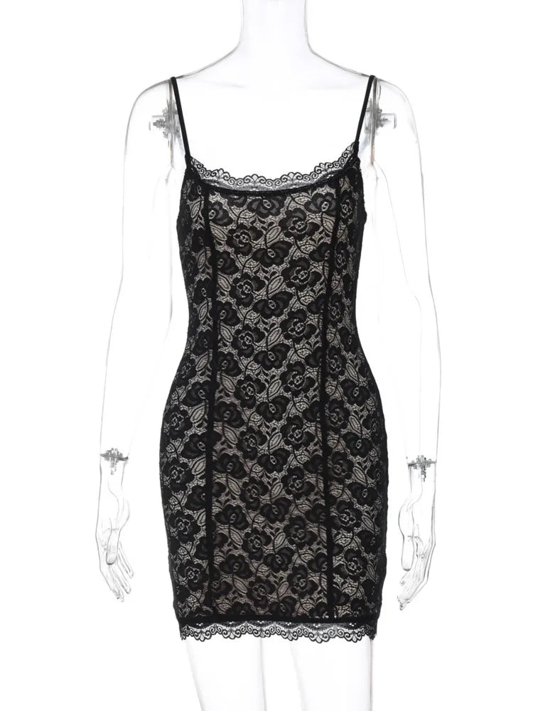 BXOXO  Lace Spaghetti Strap Sexy Mini Dress For Women Robe Fashion Off-shoulder Sleeveless Backless Floral Print Skinny Dress