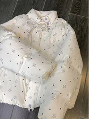 Bxoxo Lace Patchwork Parkas for Female Y2K Korean Loose Preppy Casual Puffer Jacket Sweet Bow Printing Thick Zipper Fluffy Down Coats