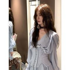 BXOXO Sweet Blue Mesh Slim Waist Cummerbund+ Y2k Grunge V-neck Long Sleeve A-line Dress for Women 2025 Spring New Two Piece Sets