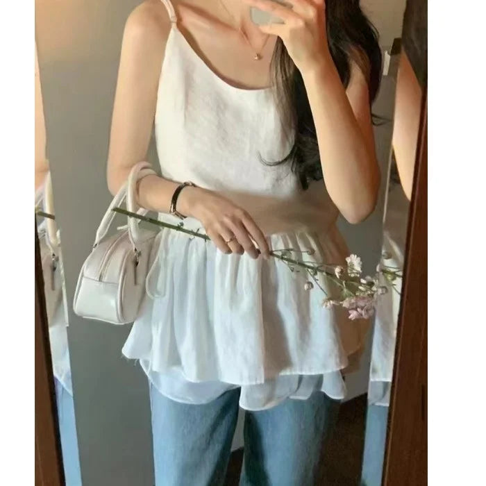Bxoxo Spring Summer Layered Design Dstring Waist ter irt Women's Vest Top Polyester Fiber 00% New Sle ter Ne irt