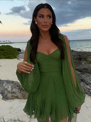 BXOXO  Women's Fashion Green Chiffon Mini Dress Elegant V-neck Split Long Sleeve Ruffle High Waist Dresses Lady Holiday Beach Vestidos