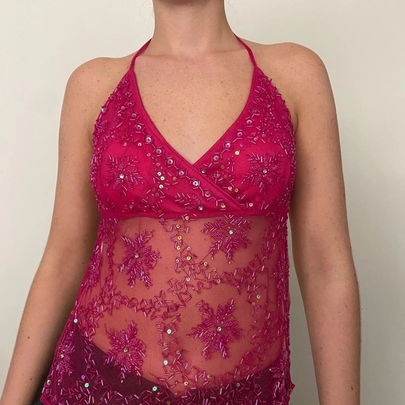 BXOXO Women's Sequin Halter Tank Tops Sleeveless V-Neck Backless Slim Fit Sheer Mesh Vest Y2k Sparkle Club Party Rave Outfit