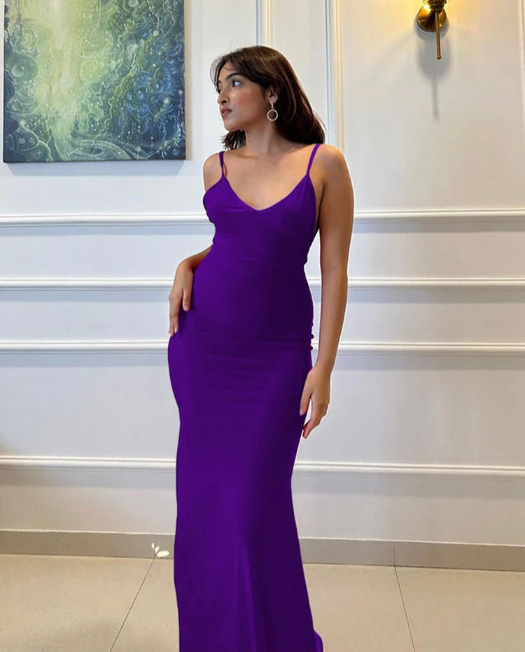 BXOXO  Sexy Backless Women Evening Maxi Dress Folds V-Neck Sleeveless Coquette Elegant Mermaid Matching Banquet Prom Bodycon