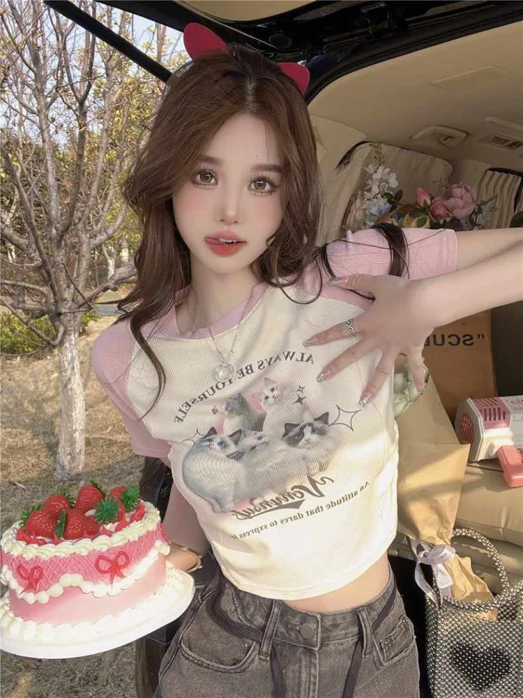 BXOXO American Vintage Slim Fit T-shirts 2025 Summer New Short Sleeve Tee Shirt Y2k E-Girl O-neck Cat Print Bottoming Tops Women