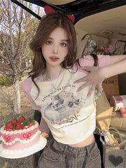 BXOXO American Vintage Slim Fit T-shirts 2025 Summer New Short Sleeve Tee Shirt Y2k E-Girl O-neck Cat Print Bottoming Tops Women