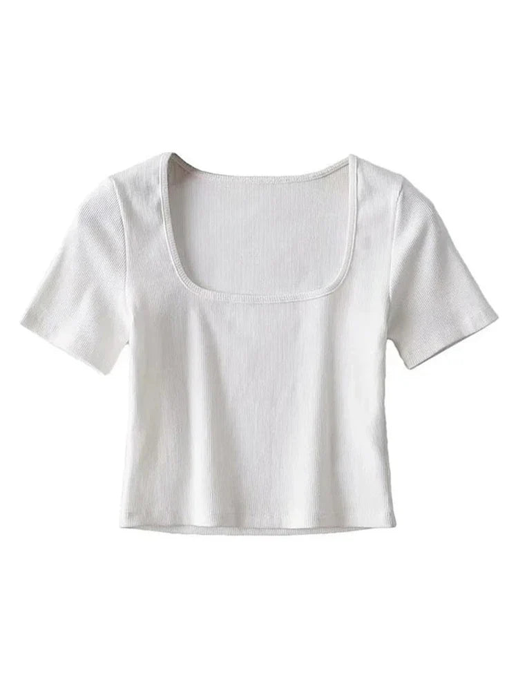 BXOXO Women Square Neck Rib Crop T-shirt Short Sleeve Crop Top