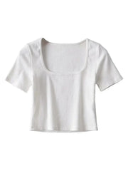 BXOXO Women Square Neck Rib Crop T-shirt Short Sleeve Crop Top