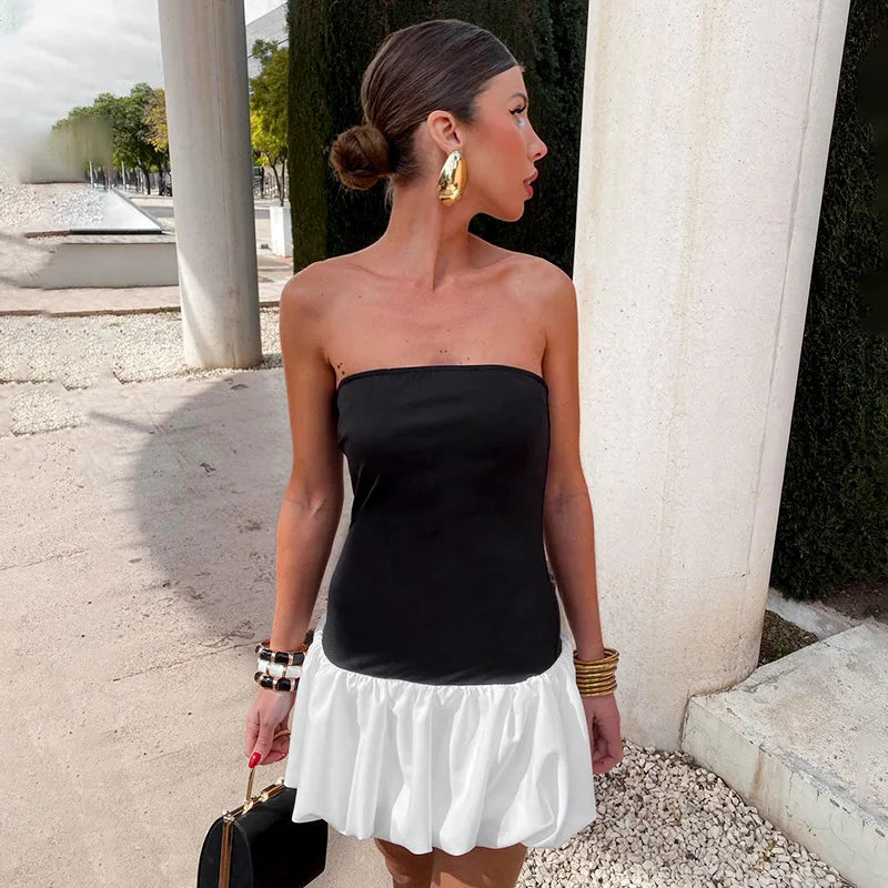 Bxoxo Contrast Color Mini Folds Dress For Women Strapless Sexy Slim Sleeveless Ruched Splice Y2K Beach Female Club Party Dress