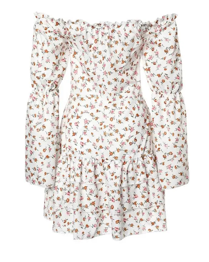 BXOXO Off Shoulder Ruffle Hem Ditsy Floral Print Dress Slash Neck Long Sleeves Elegant Dresses for Women