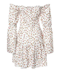 BXOXO Off Shoulder Ruffle Hem Ditsy Floral Print Dress Slash Neck Long Sleeves Elegant Dresses for Women