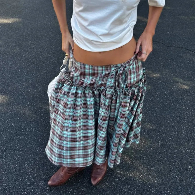 BXOXO Chic Ruffles Hem Coquette A-line Skirts Gingham Midi Skirt Vintage Tie-Up Low Waist Tiered Loose Skirt Y2k Streetwear