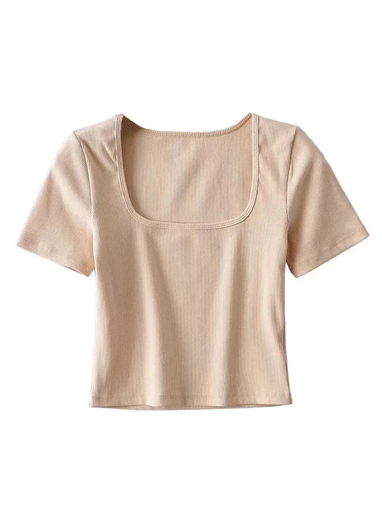 BXOXO Women Square Neck Rib Crop T-shirt Short Sleeve Crop Top
