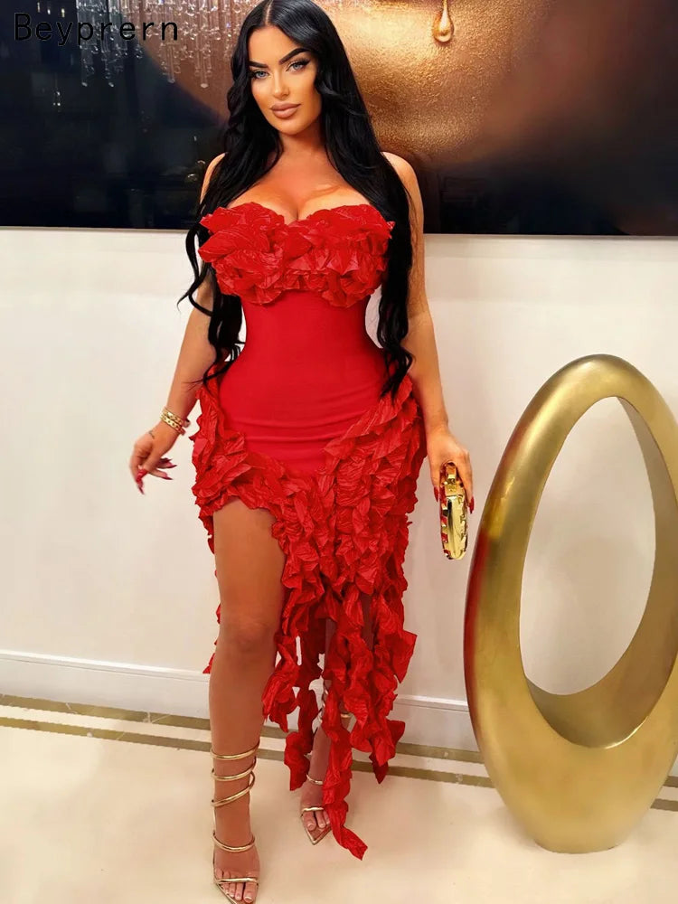 BXOXO  Women Summer Strapless Ruffles Tassel Dress Girls Glamour Red Flower Irregular Party Dress Celebrities Outfits Clubwear