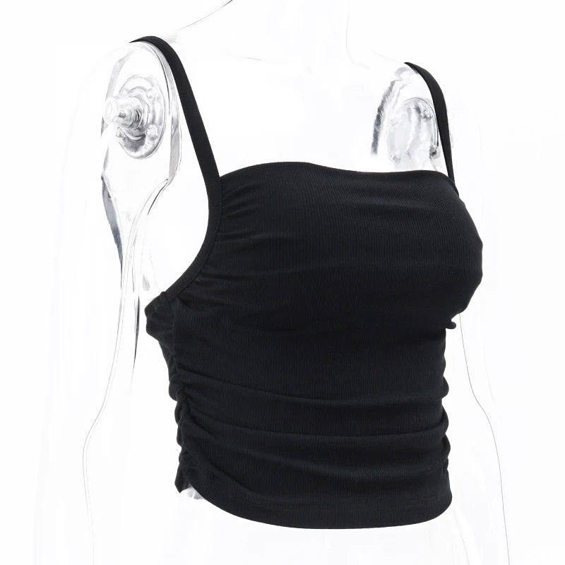 Bxoxo Spaghetti Straps Ruched Tank Top Casual All-matching Low-cut Backless Crop Tops Simple Underwear Bodycon Corsets
