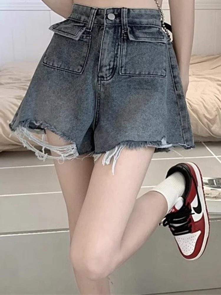 BXOXO Ins Lady High Waist Denim Wide Leg Shorts Girls Trashy Y2k 2000s Short Ripped Pants Female Blue Korean Loose Hot Jeans Plus Size