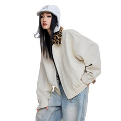 Bxoxo Vintage Leopard Patchwork Jacket Women Autumn Winter Harajuku Splicing Lapel Warm Coats Y2K Streetwear Loose Casual Outerwear