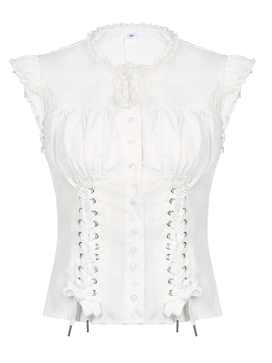 BXOXO Women's Button Down T-Shirts Cap Sleeve Crew Neck Cross Tie-up Front Lace Trim Tops