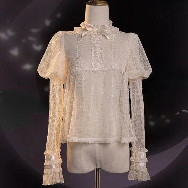 BXOXO Lolita See Through Sweet Women Shirts Lace Embroidery Harajuku Blouse Fairy Long Puff Sleeve Sweet Y2k Aesthetic Blusas De Mujer