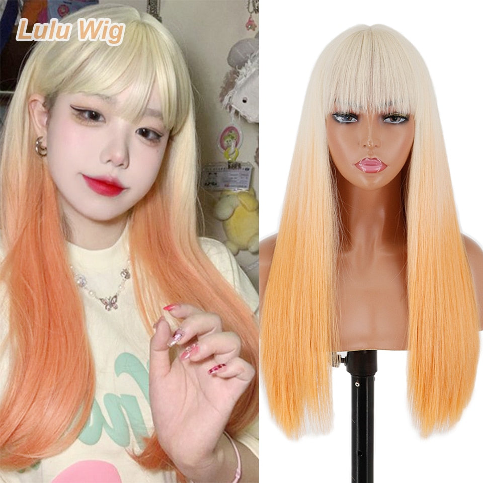 BXOXO Long Orange Wig with Bangs Straight Orange Wigs for Women Cosplay Long Synthetic Orange Wig Natural Looking for Daily Wear